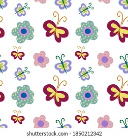 Boho flower with butterfly seamless pattern isolated on white. Vector stock illustration. EPS 10