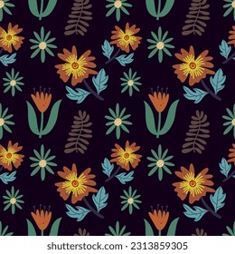 Boho flower leaf seamless pattern. Hand drawn background Cartoon vector stock illustration. EPS 10