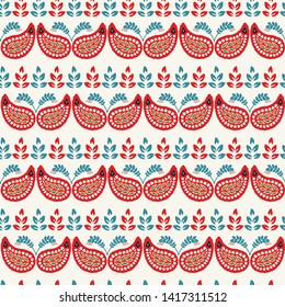 Boho flower paisley all over print. Seamless vector repeating pattern swatch. Bohemian folk art motif background. Hand drawn retro fashion prints 1970s style. Slavic wallpaper, linocut indian damask.
