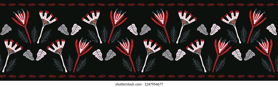 Boho Flower Stem Blooms Vector Stripes Border Banner. Folklore Seamless Repeating Ribbon. Hipster Black Background. Striped for Trendy Fashion Trim, Ethnic Textile Edge, Stationery, Floral Packaging
