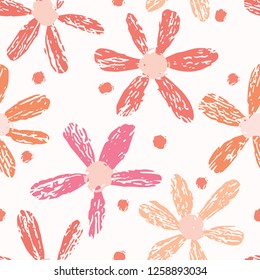  Boho Flower Summer Blooms. Coral Purple, White Floral Seamless Repeating Pattern. All Over Print Vector. Trendy Hand Drawn Decorative Paper Cut Style for Textile, Stationery, Hipster Garden Packaging