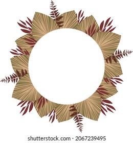 Boho flower wreath hand drawn template. Dry tropical fan palm leaves round border isolated on white background.