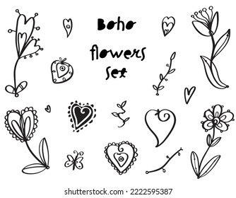 Boho flowers decorative set - vector doodle collection. Outlines - black lines on white. Hearts, flowers, leaves, butterfly.