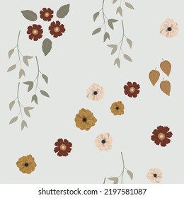 Boho flowers and leaves background. Hand drawn floral design. Delicate field flower and herb illustration.
