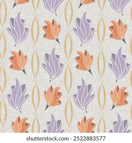 Boho Flowers in Orange and Lavender with Vertical Peach Ribbon Stripes creating a seamless pattern print background