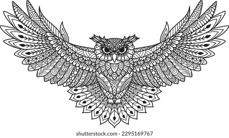 Boho flying owl for coloring page, engraving, papercut, printing, laser cut and so on. Vector illustration