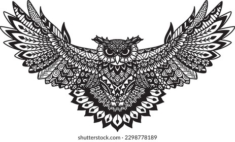 Boho flying owl for coloring page, engraving, papercut, printing, laser cut and so on. Vector illustration.