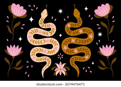 Ilustración de dos serpientes del arte de Folk de Boho sobre fondo oscuro. Ilustración vectorial de una serpiente estilizada en estilo de arte popular, sobre un fondo negro. Decorado con motivos ornamentales en tonos beige y marrón