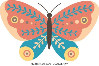 Boho folk butterfly isolated on white. Spring and summer insect with a botanical pattern on its wings