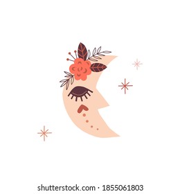 Boho folk celestial half moon  character in floral wreath with cute face vector illustration for Scandinavian kids design