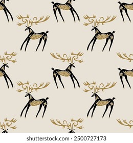 Boho folk celestial linocut ornate deer character vector hand drawn seamless pattern. Wild animal with floral elements, drawing in Scandinavian style. Cute cartoon reindeer woodland ornate surface