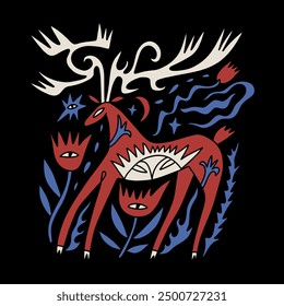 Boho folk celestial ornate deer character vector hand drawn illustration. Wild animal with floral elements and flowers, drawing in Scandinavian style. Cute cartoon reindeer woodland composition poster