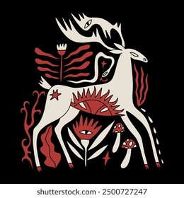 Boho folk celestial ornate deer character vector hand drawn illustration. Wild animal with floral elements and flowers, drawing in Scandinavian style. Cute cartoon reindeer woodland composition poster