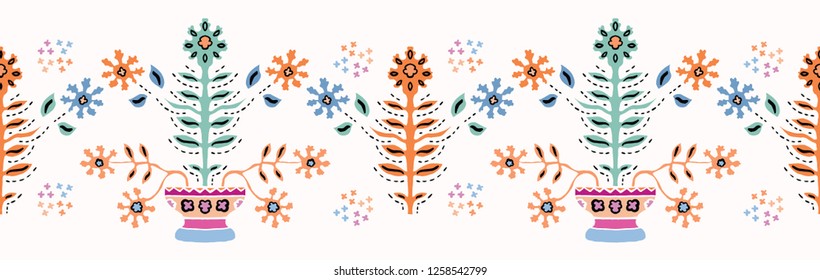 Boho Folk Flower Daisy Blooms in Pretty Pot. Floral Seamless Repeating Pattern. All Over Print Vector. Ethnic Style Paper Cut Decorative Plant Wallpaper, Textile,Stationery, Hipster Garden Packaging.