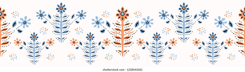 Boho Folk Flower Daisy Blooms in Coral Blue. Floral Seamless Repeating Border All Over Print Vector. Ethnic Style Paper Cut Decorative Plant Banner, Trendy Stationery, Pretty Hipster Garden Packaging.