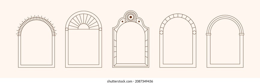 Boho Frame and Arch Set in Trendy Minimal Liner Style. Vector Bohemian Borders for Creating Logo, Postcard, Posters, Menu, Invitation, Social Media Posts and Stories