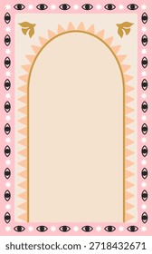 Marco boho con arco, bordes ondulados, ojos malvados, pájaros y sol. Elementos de diseño étnicos modernos de lujo para invitación, tarjeta, cartel o Anuncio. Estilo mexicano. Dibujado a mano ilustración mínima. Fondo aislado de Vector plano