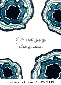 Boho frame with blue crystal geode. Trendy wedding invitation. Summer vibes.