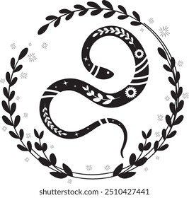 Boho frame with decorative floral snake in retro style. Abstract black serpent silhouette with floral elements inside.