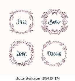 Boho frame. Ethnic mystic spiritual style frame. Magic, esoteric, tribal outline boho vintage frame design. Catcher. Spiritual decoration. Sacred boho fabric fashion decor. Vector illustration.