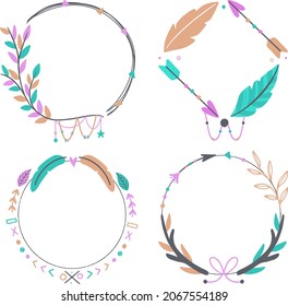 Boho frame. Ethnic mystic spiritual style frame. Magic, esoteric, tribal outline boho vintage frame design. Catcher. Spiritual decoration. Sacred boho fabric fashion decor. Vector illustration.