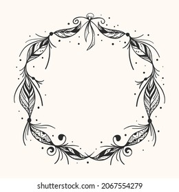 Boho frame. Ethnic mystic spiritual style frame. Magic, esoteric, tribal outline boho vintage frame design. Catcher. Spiritual decoration. Sacred boho fabric fashion decor. Vector illustration.