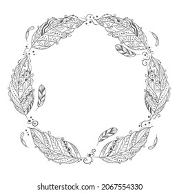 Boho frame. Ethnic mystic spiritual style frame. Magic, esoteric, tribal outline boho vintage frame design. Catcher. Spiritual decoration. Sacred boho fabric fashion decor. Vector illustration.