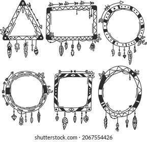 Boho frame. Ethnic mystic spiritual style frame. Magic, esoteric, tribal outline boho vintage frame design. Catcher. Spiritual decoration. Sacred boho fabric fashion decor. Vector illustration.