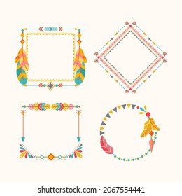 Boho frame. Ethnic mystic spiritual style frame. Magic, esoteric, tribal outline boho vintage frame design. Catcher. Spiritual decoration. Sacred boho fabric fashion decor. Vector illustration.