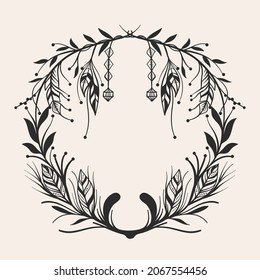 Boho frame. Ethnic mystic spiritual style frame. Magic, esoteric, tribal outline boho vintage frame design. Catcher. Spiritual decoration. Sacred boho fabric fashion decor. Vector illustration.