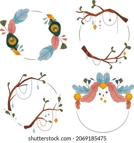 Boho frame. Ethnic mystic spiritual style frame. Magic, esoteric, tribal outline boho vintage frame design. Catcher. Spiritual decoration. Sacred boho fabric fashion decor. Vector illustration.