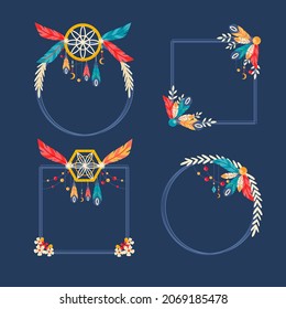 Boho frame. Ethnic mystic spiritual style frame. Magic, esoteric, tribal outline boho vintage frame design. Catcher. Spiritual decoration. Sacred boho fabric fashion decor. Vector illustration.