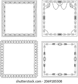 Boho frame. Ethnic mystic spiritual style frame. Magic, esoteric, tribal outline boho vintage frame design. Catcher. Spiritual decoration. Sacred boho fabric fashion decor. Vector illustration.