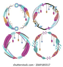 Boho frame. Ethnic mystic spiritual style frame. Magic, esoteric, tribal outline boho vintage frame design. Catcher. Spiritual decoration. Sacred boho fabric fashion decor. Vector illustration.