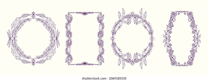 Boho frame. Ethnic mystic spiritual style frame. Magic, esoteric, tribal outline boho vintage frame design. Catcher. Spiritual decoration. Sacred boho fabric fashion decor. Vector illustration.