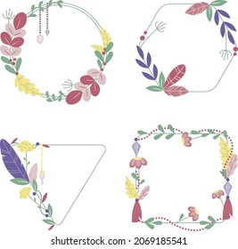Boho frame. Ethnic mystic spiritual style frame. Magic, esoteric, tribal outline boho vintage frame design. Catcher. Spiritual decoration. Sacred boho fabric fashion decor. Vector illustration.