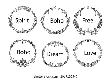 Boho frame. Ethnic mystic spiritual style frame. Magic, esoteric, tribal outline boho vintage frame design. Catcher. Spiritual decoration. Sacred boho fabric fashion decor. Vector illustration.