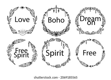 Boho frame. Ethnic mystic spiritual style frame. Magic, esoteric, tribal outline boho vintage frame design. Catcher. Spiritual decoration. Sacred boho fabric fashion decor. Vector illustration.