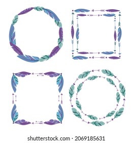 Boho frame. Ethnic mystic spiritual style frame. Magic, esoteric, tribal outline boho vintage frame design. Catcher. Spiritual decoration. Sacred boho fabric fashion decor. Vector illustration.