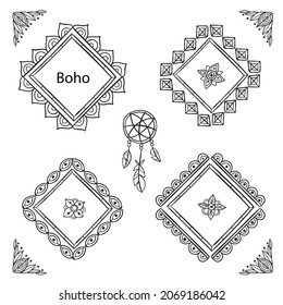 Boho frame. Ethnic mystic spiritual style frame. Magic, esoteric, tribal outline boho vintage frame design. Catcher. Spiritual decoration. Sacred boho fabric fashion decor. Vector illustration.