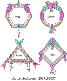 Boho frame. Ethnic mystic spiritual style frame. Magic, esoteric, tribal outline boho vintage frame design. Catcher. Spiritual decoration. Sacred boho fabric fashion decor. Vector illustration.