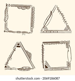 Boho frame. Ethnic mystic spiritual style frame. Magic, esoteric, tribal outline boho vintage frame design. Catcher. Spiritual decoration. Sacred boho fabric fashion decor. Vector illustration.