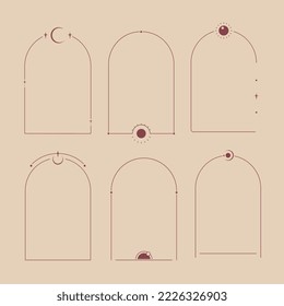 Boho Frames Set in Trendy Minimal Liner Style. Vector Bohemian Borders for Creating Logo, Postcard, Posters, Menu, Invitation, Social Media Posts and Stories