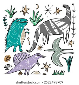 Boho funny coloring dinosaurs set in childish doodle handmade shamanic style, Scandinavian cute hand drawn flat dino bundle, adorable funny nursery clipart characters. Cute poster for kids and more.