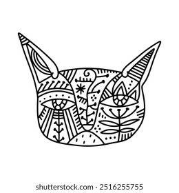 Boho funny grumpy cat face toyger in ethnic ornate patterned handmade shamanic style, Scandinavian childish cute animalistic hand drawn flat ornament stripes vector illustration, adorable funny