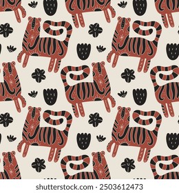 Boho funny grumpy cat toyger seamless pattern, Scandinavian childish style cute animalistic hand drawn flat tigers stripes vector illustration, adorable funny nursery tropical exotic animals, flowers