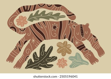 Boho funny grumpy cat toyger, Scandinavian childish style cute animalistic hand drawn flat stripes vector illustration, adorable funny nursery tropical exotic flowers and leaves cloth print editable