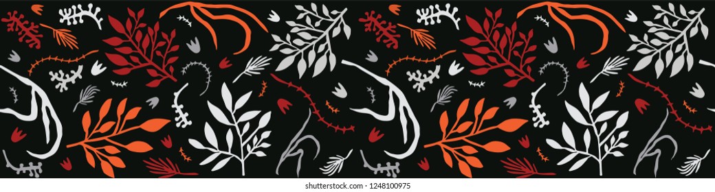 Boho Garden Leaves Seamless Vector Border. Botanical Leaf Shapes. Dark Black Red Bohemian Folk Background. Hand Drawn Fashion Trim, Classy Banner,  Stationery, Washi Tape, Hipster Nature Packaging.