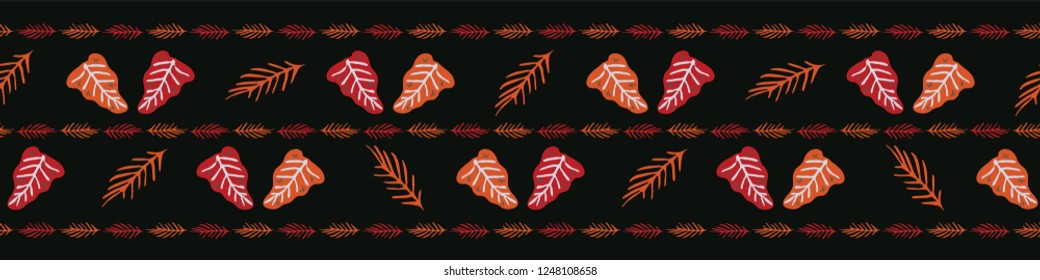 Boho Garden Leaves Seamless Vector Border. Botanical Leaf Shapes. Dark Black Red Bohemian Folk Stripe. Hand Drawn Striped Fashion Trim, Classy Banner, Stationery, Washi Tape, Hipster Nature Packaging.