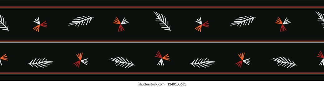 Boho Garden Leaves Seamless Vector Border. Botanical Leaf Shapes. Dark Black Red Bohemian Folk Stripe. Hand Drawn Striped Fashion Trim, Classy Banner, Stationery, Washi Tape, Hipster Nature Packaging.